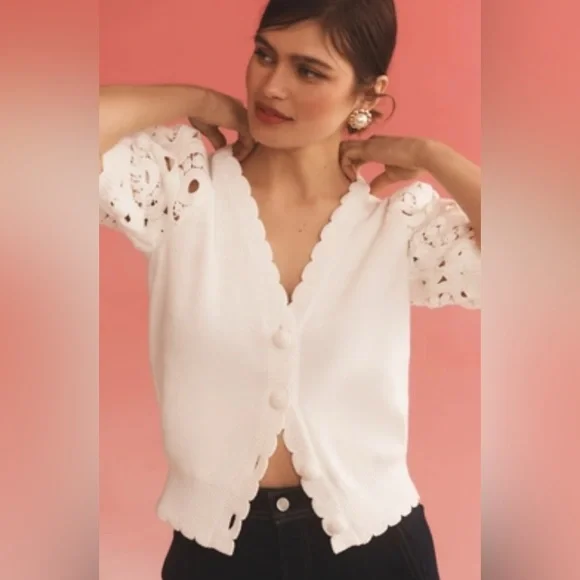 By Anthropologie Short-Sleeve Crochet Cardigan Sweater - Picture 1 of 13